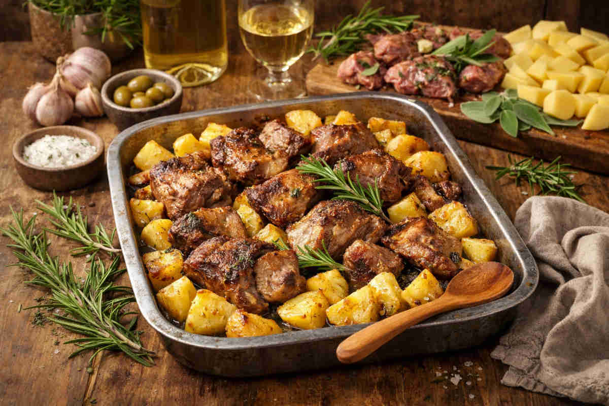 Teglia da forno su tavolo di legno con all'interno un agnello con patate