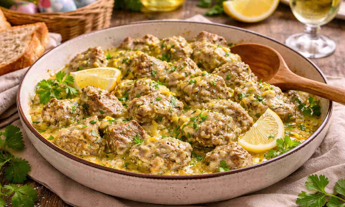 Piatto da portata con all'interno dell'agnello cacio e ova secondo la ricetta tradizionale abruzzese