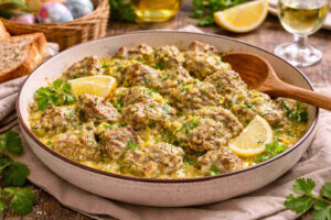 Piatto da portata con all'interno dell'agnello cacio e ova secondo la ricetta tradizionale abruzzese