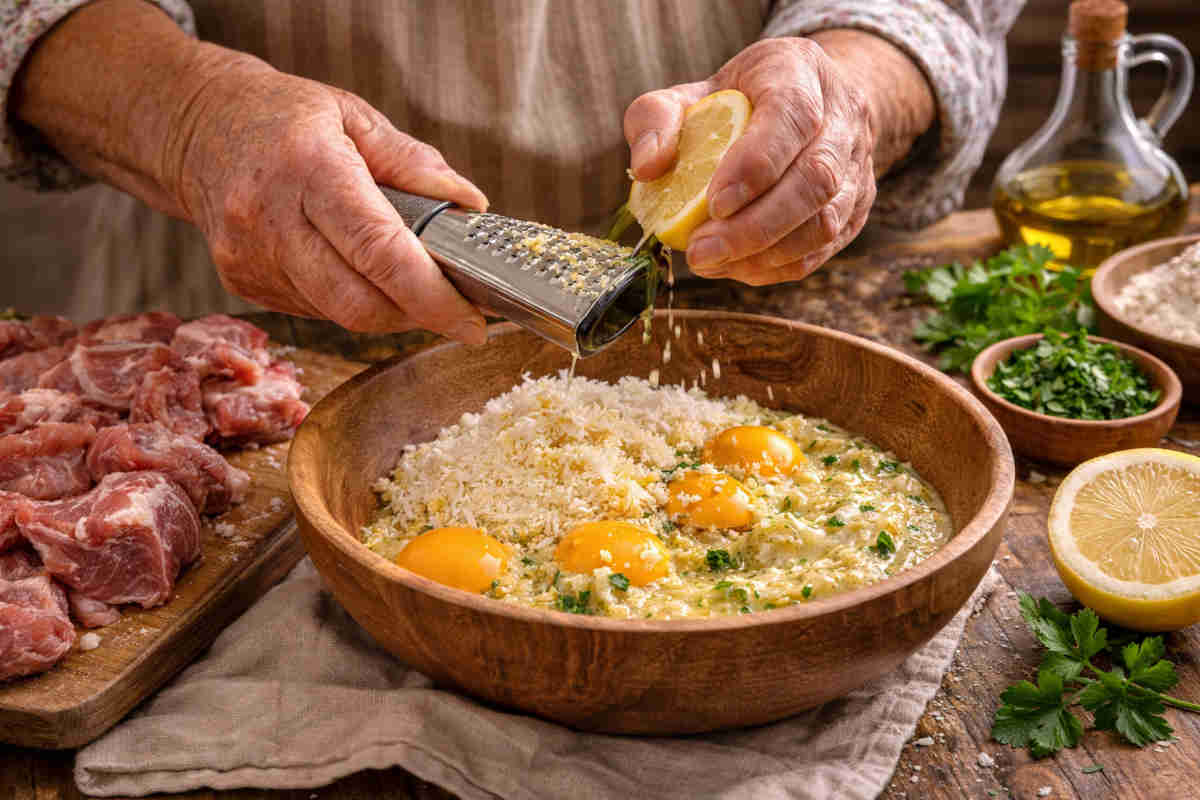 Mani di una signora che prepara la cremina per l'agnello cacio e ova