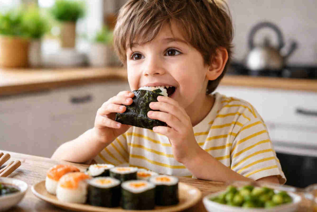 Bambino che mangia del sushi in cucina casalinga
