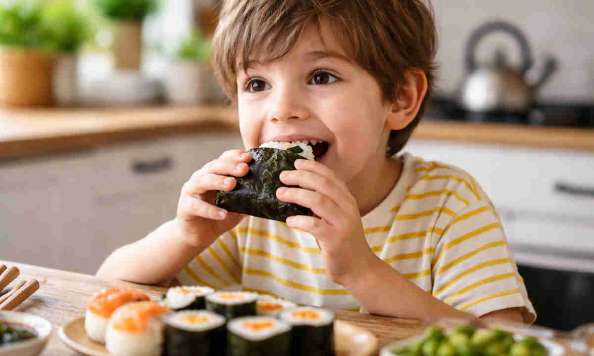 Bambino che mangia del sushi in cucina casalinga