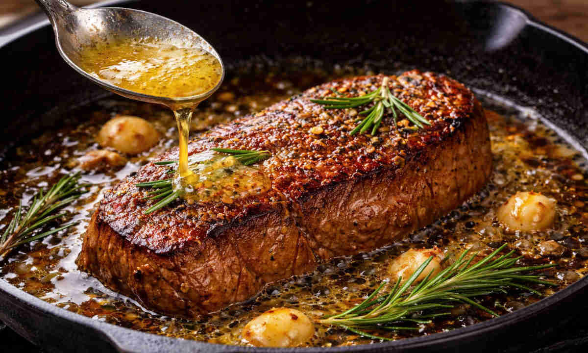 Bistecca di carne rosolata in padella con rosmarino e burro chiarificato
