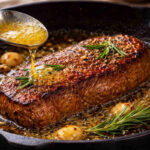 Bistecca di carne rosolata in padella con rosmarino e burro chiarificato