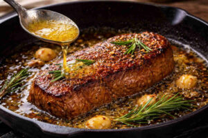 Bistecca di carne rosolata in padella con rosmarino e burro chiarificato