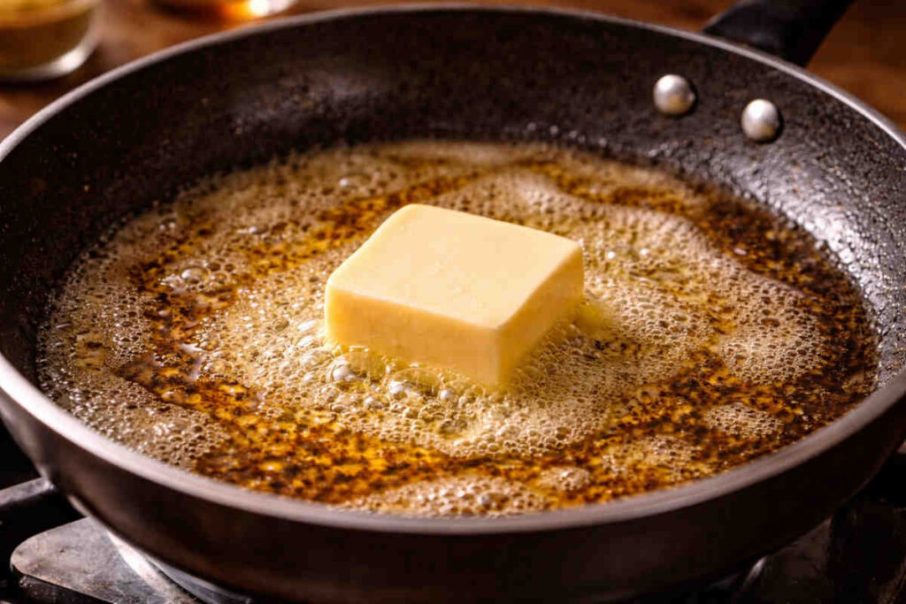 Pezzo di burro che si sta sciogliendo in padella