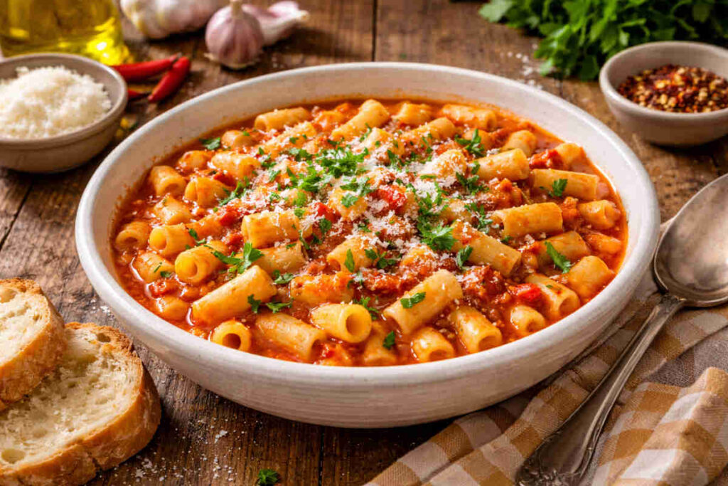 Primo piano su un piatto fondo contenente dei Cannolicchi alla soldatina