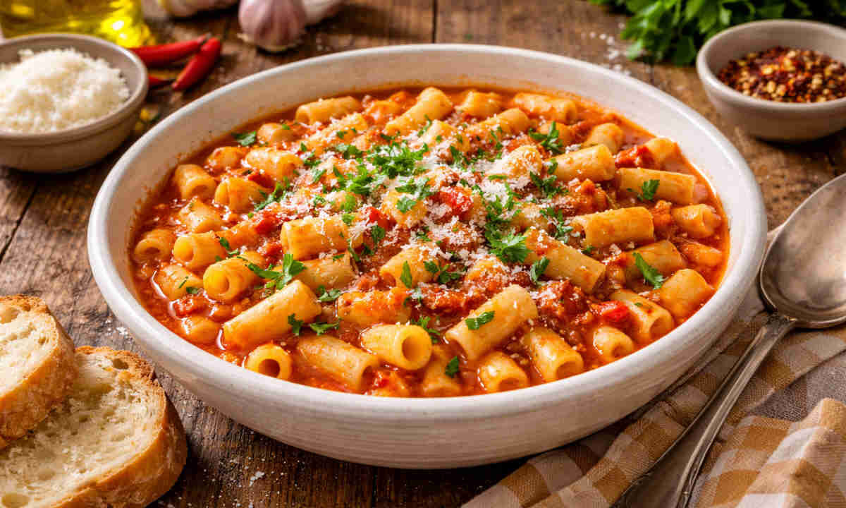 Primo piano su un piatto fondo contenente dei Cannolicchi alla soldatina