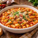 Primo piano su un piatto fondo contenente dei Cannolicchi alla soldatina