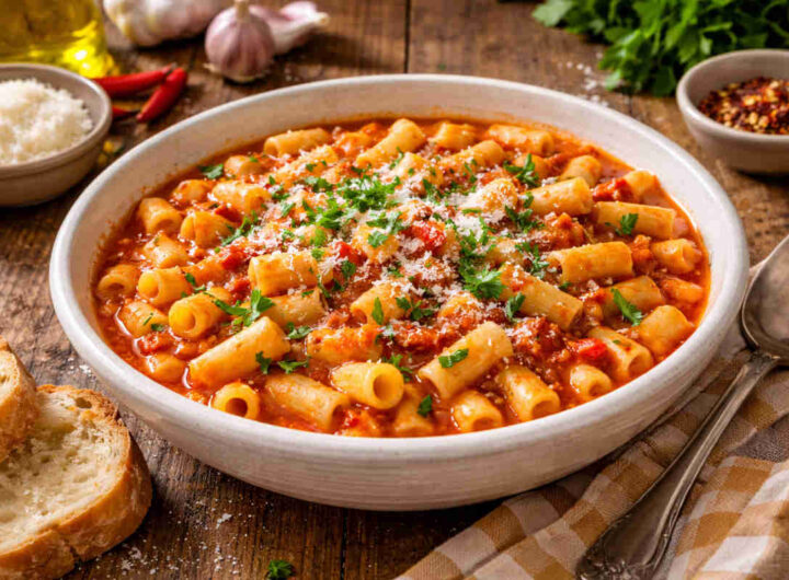 Primo piano su un piatto fondo contenente dei Cannolicchi alla soldatina