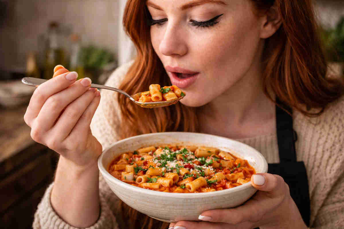 Ragazza dai capelli rossi che assaggia un boccone di cannolicchi alla soldatina