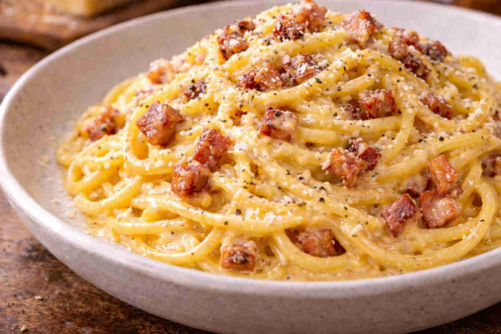 Piatto di spaghetti alla carbonara con la pancetta al posto del guanciale