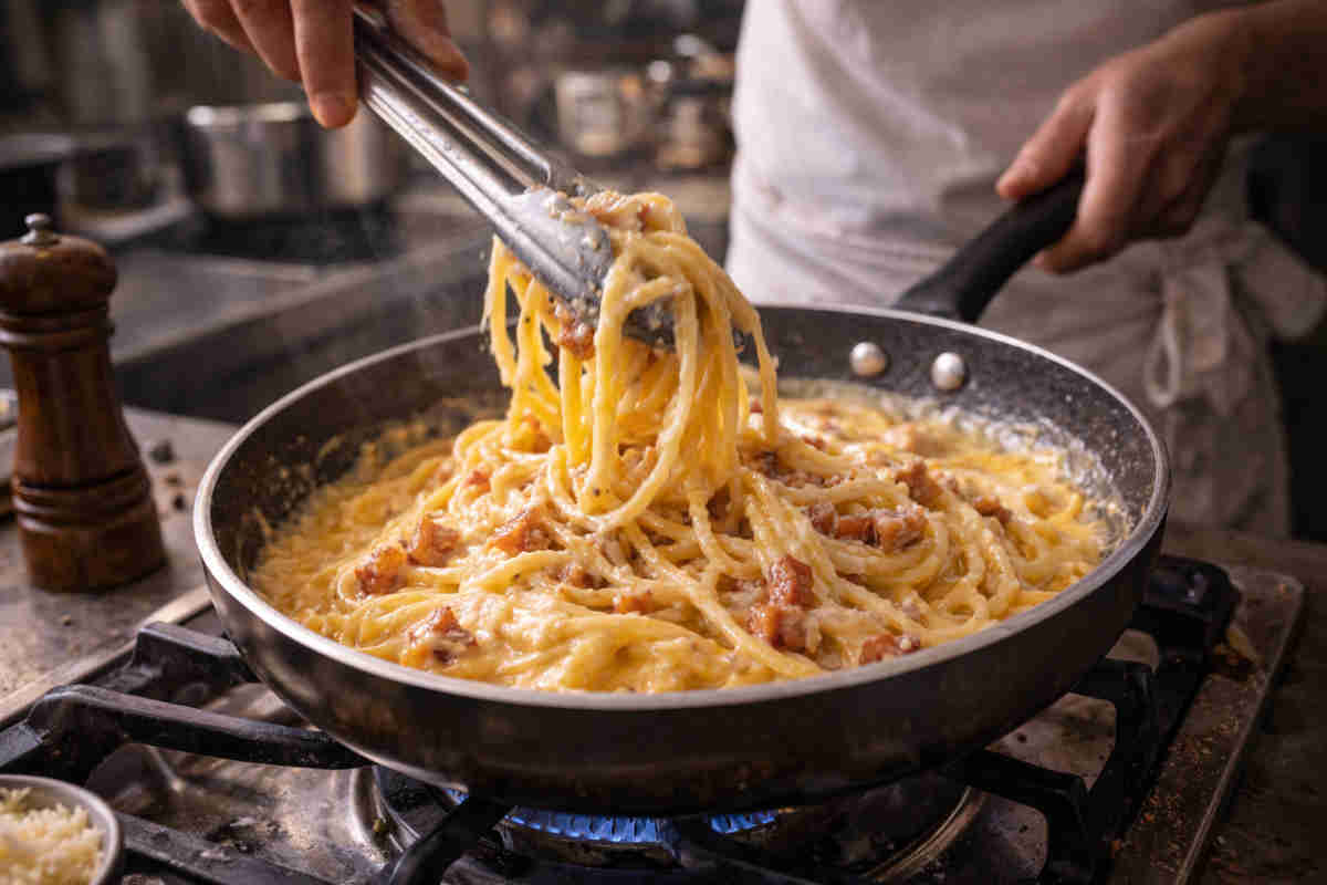 Donna che spadella degli spaghetti alla carbonara con uova e pancetta