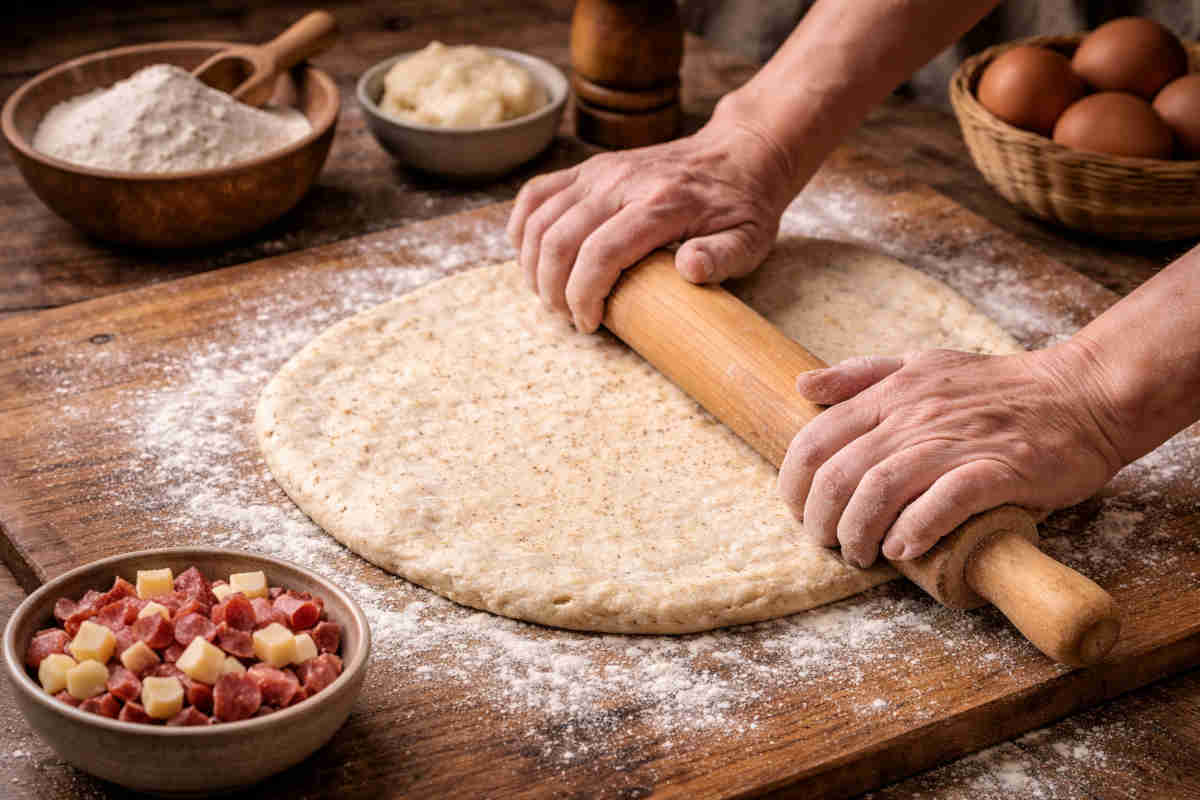 Mani femminili che impastano il casatiello su una spianatoia di legno