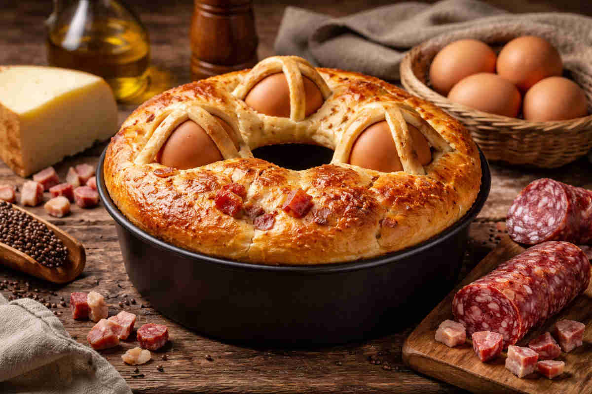 Casatiello cotto nella friggitrice ad aria su tavolo di legno