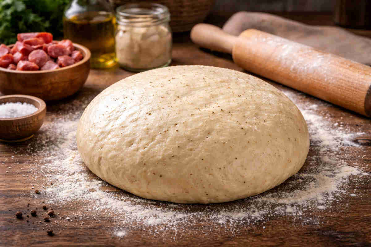 Impasto per casatiello rustico su spianatoia di legno