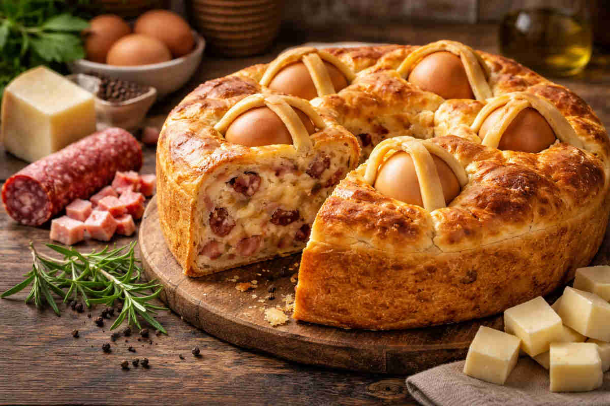 Casatiello rustico napoletano su tagliere di legno