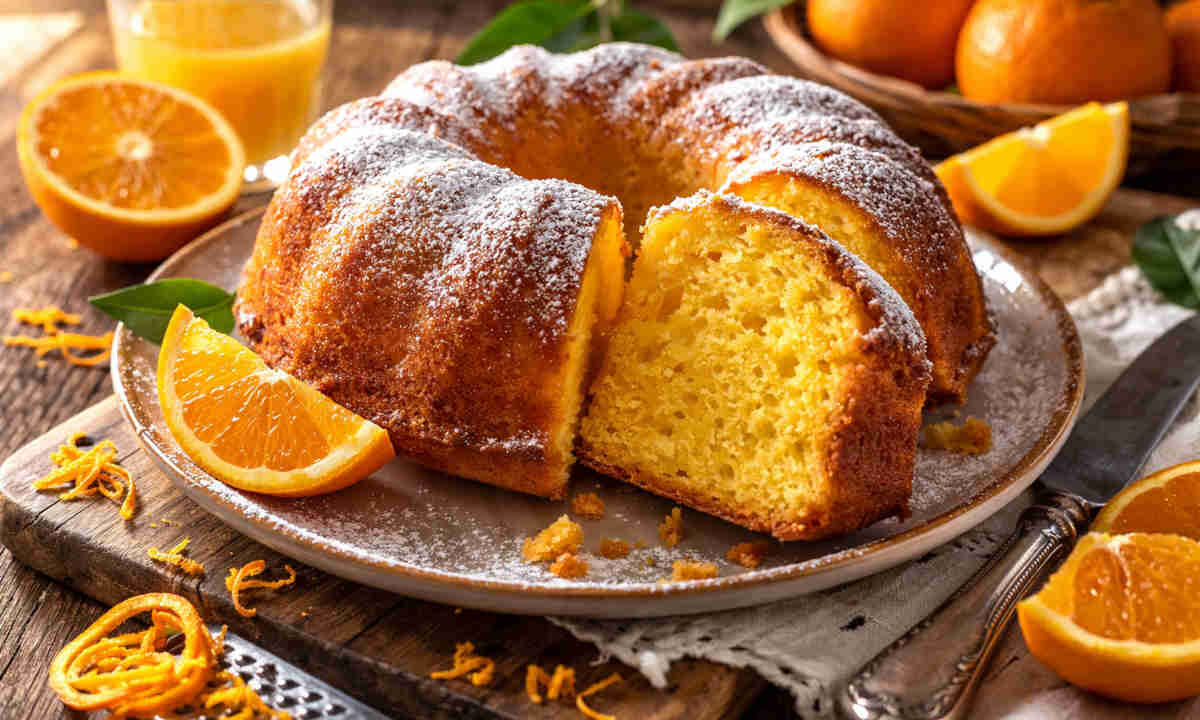Ciambellone all'arancia su tavolo rustico in legno e spolverizzato con dello zucchero a velo