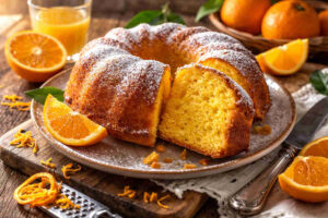 Ciambellone all'arancia su tavolo rustico in legno e spolverizzato con dello zucchero a velo