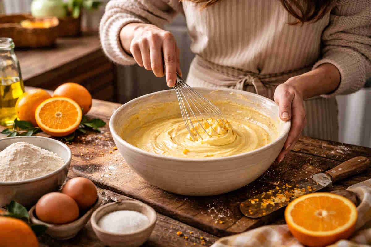 Ragazza che in una cucina rustica prepara un ciambellone all'arancia