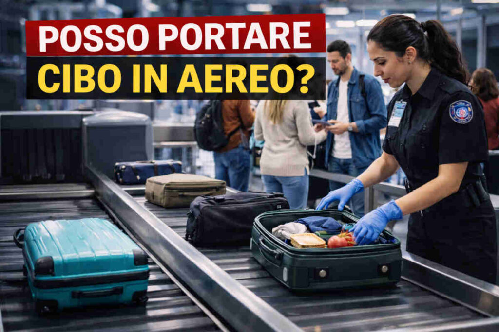 Controllo sicurezza di un aeroporto e cibo in valigia