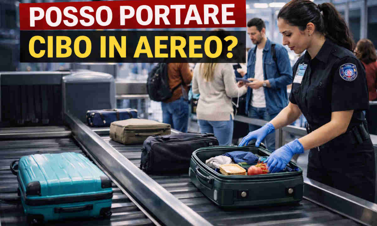 Controllo sicurezza di un aeroporto e cibo in valigia