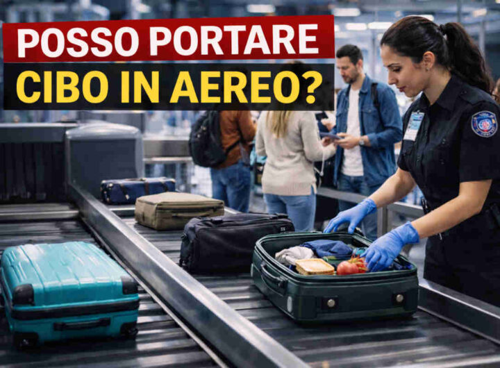 Controllo sicurezza di un aeroporto e cibo in valigia