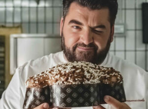 Chef Cannavacciuolo con in mano una colomba pasquale creata da lui