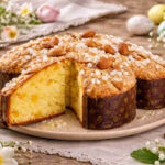 Colomba pasquale su tavola imbandita a festa