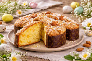 Colomba pasquale su tavola imbandita a festa