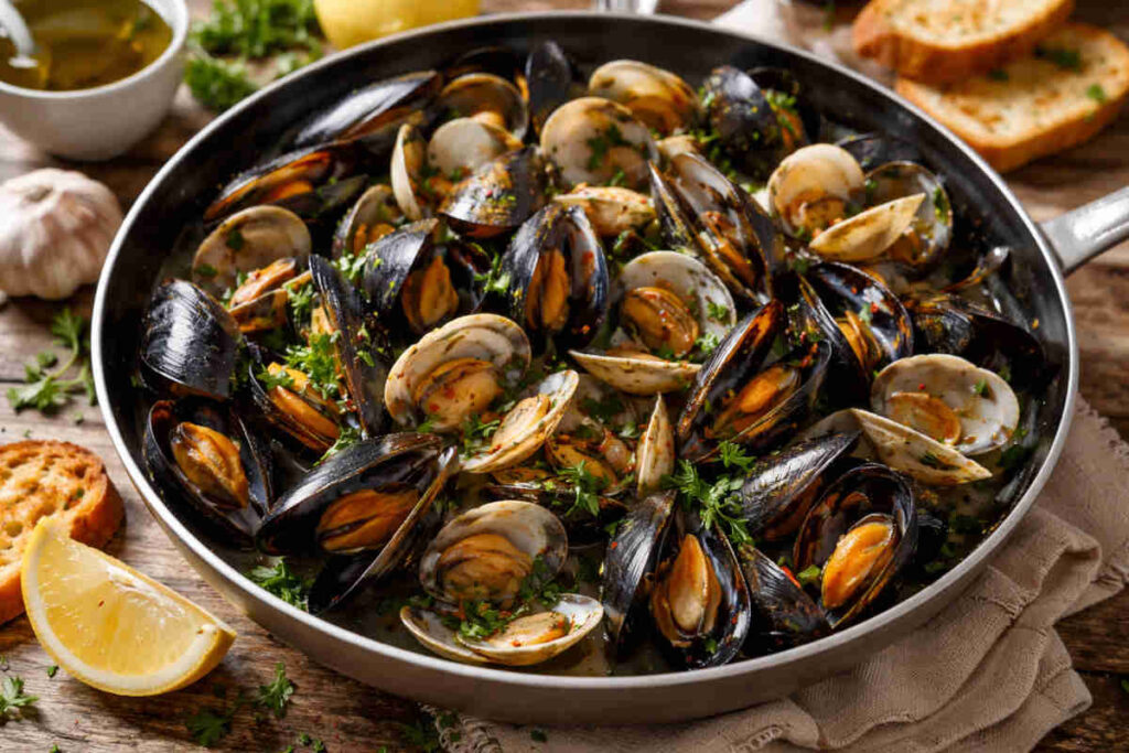 Padella con all'interno delle cozze e delle vongole