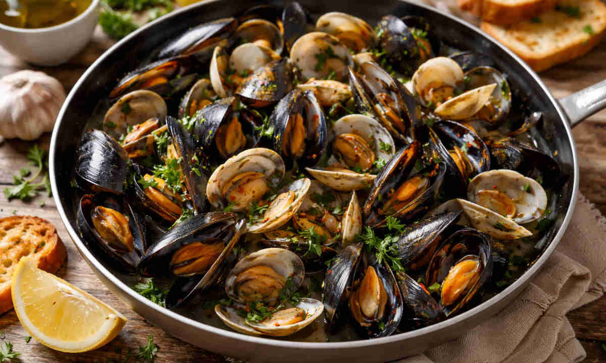 Padella con all'interno delle cozze e delle vongole