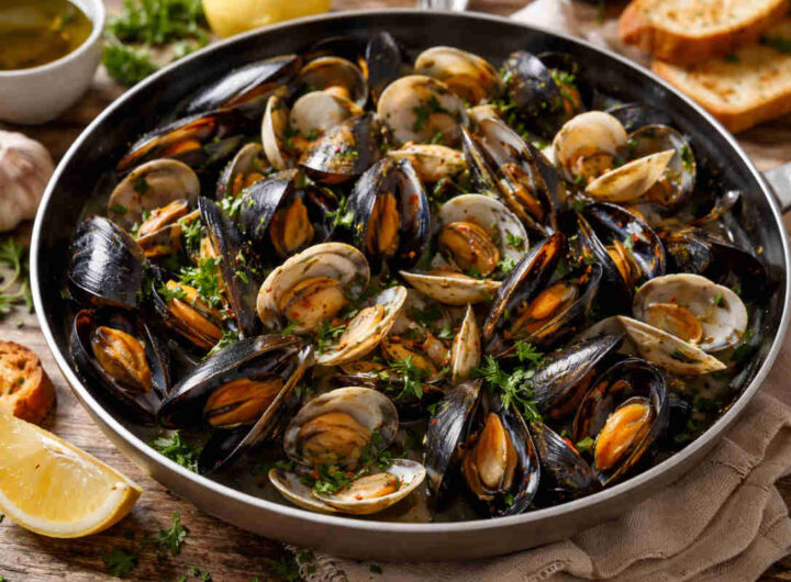 Padella con all'interno delle cozze e delle vongole