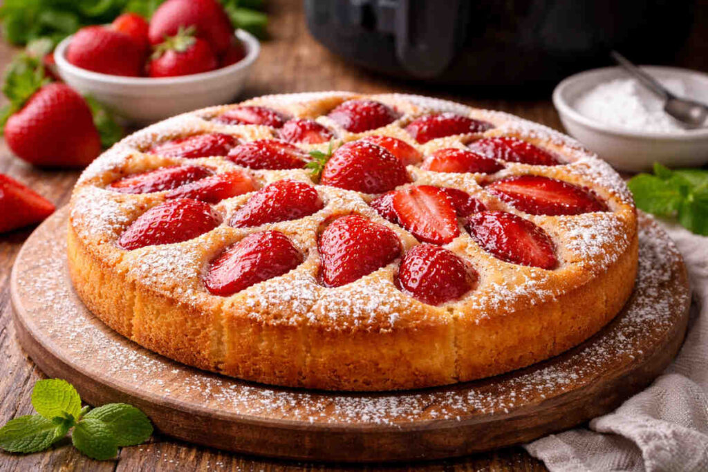 Primo piano di una crostata morbida con le fragole in friggitrice ad aria spolverizzata con zucchero a velo