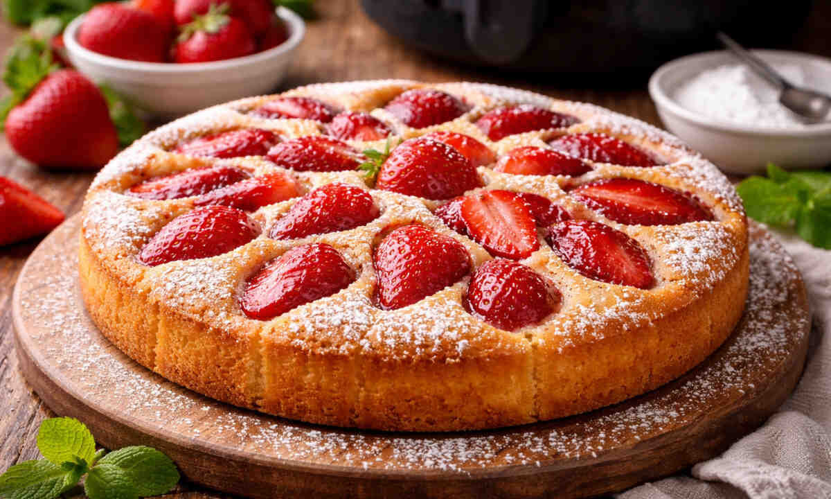 Primo piano di una crostata morbida con le fragole in friggitrice ad aria spolverizzata con zucchero a velo