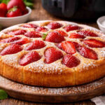 Primo piano di una crostata morbida con le fragole in friggitrice ad aria spolverizzata con zucchero a velo