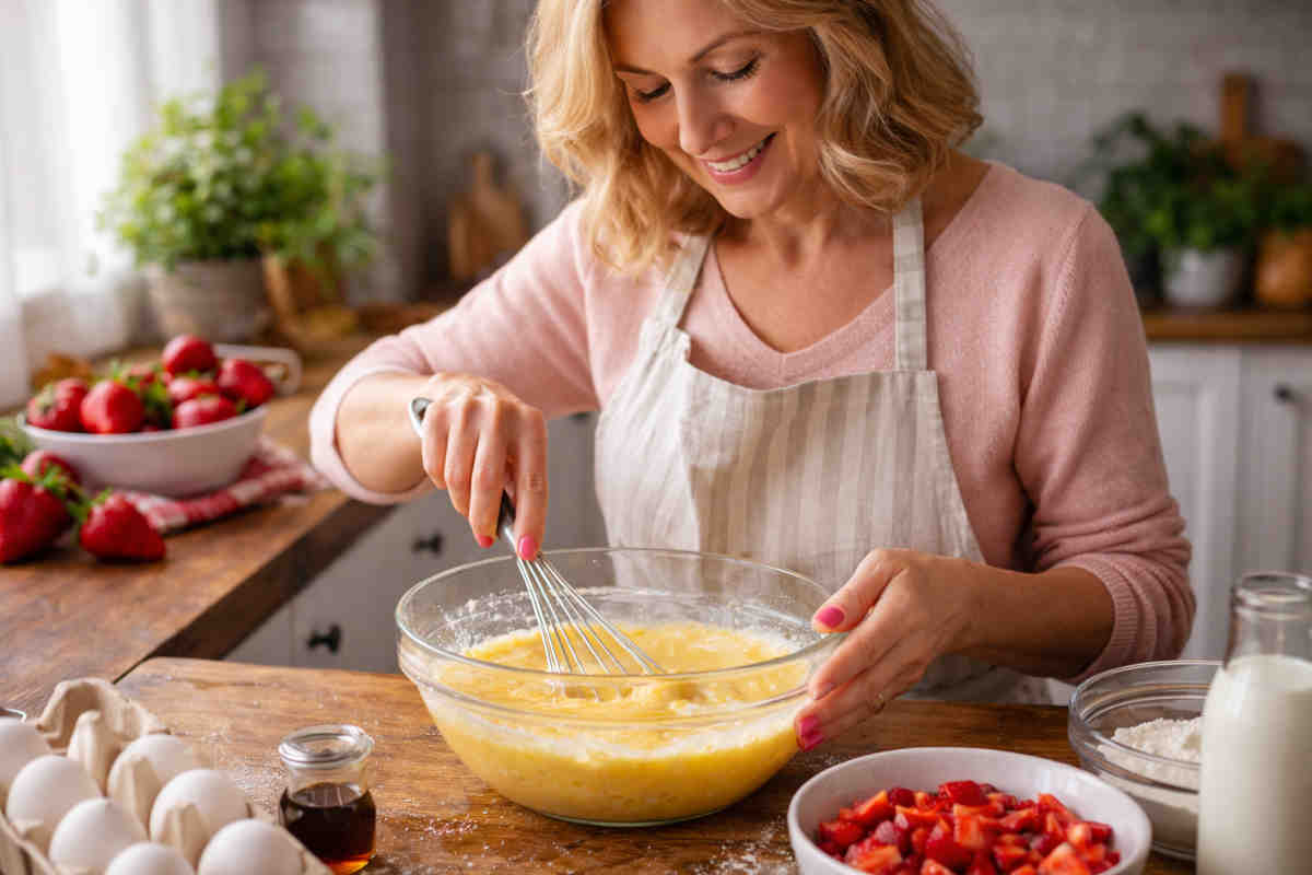 Ragazza bionda in cucina moderna che prepara una crostata morbida con le fragole in friggitrice ad aria