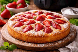 Primo piano di una crostata morbida con le fragole in friggitrice ad aria spolverizzata con zucchero a velo