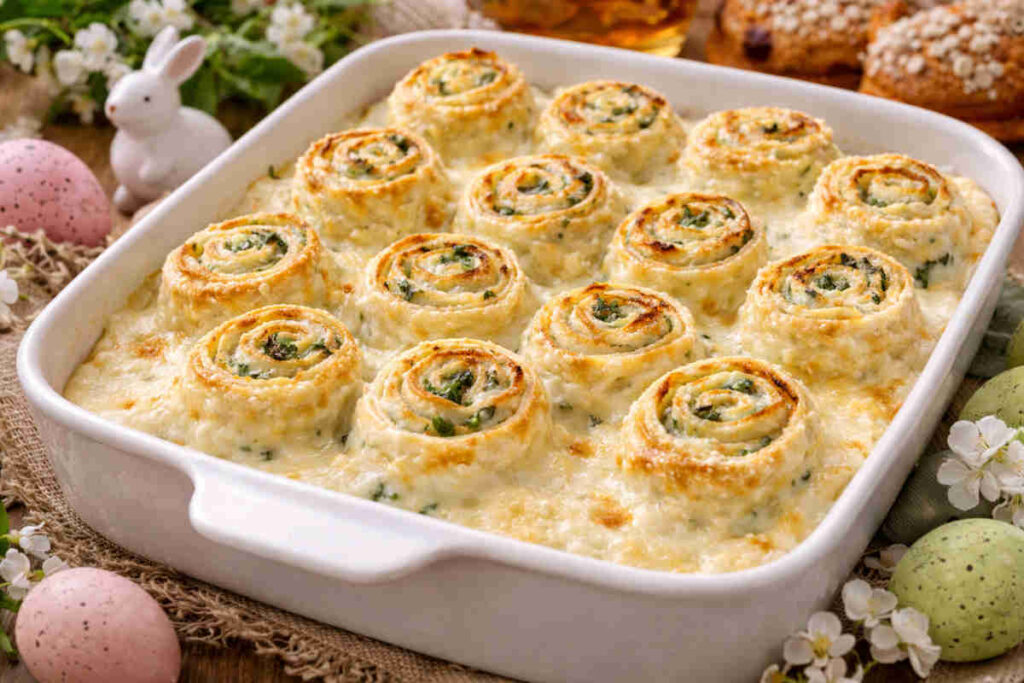 Pirofila da forno su tavola pasquale con all'interno delle crespelle ricotta e spinaci condite con besciamella densa