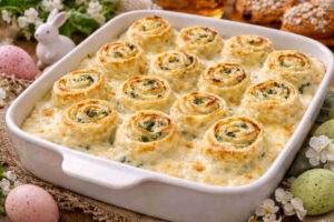 Pirofila da forno su tavola pasquale con all'interno delle crespelle ricotta e spinaci condite con besciamella densa