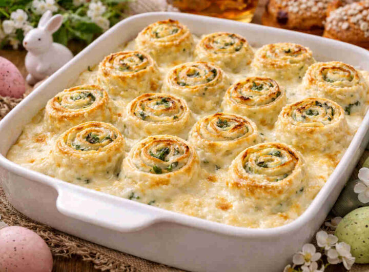 Pirofila da forno su tavola pasquale con all'interno delle crespelle ricotta e spinaci condite con besciamella densa
