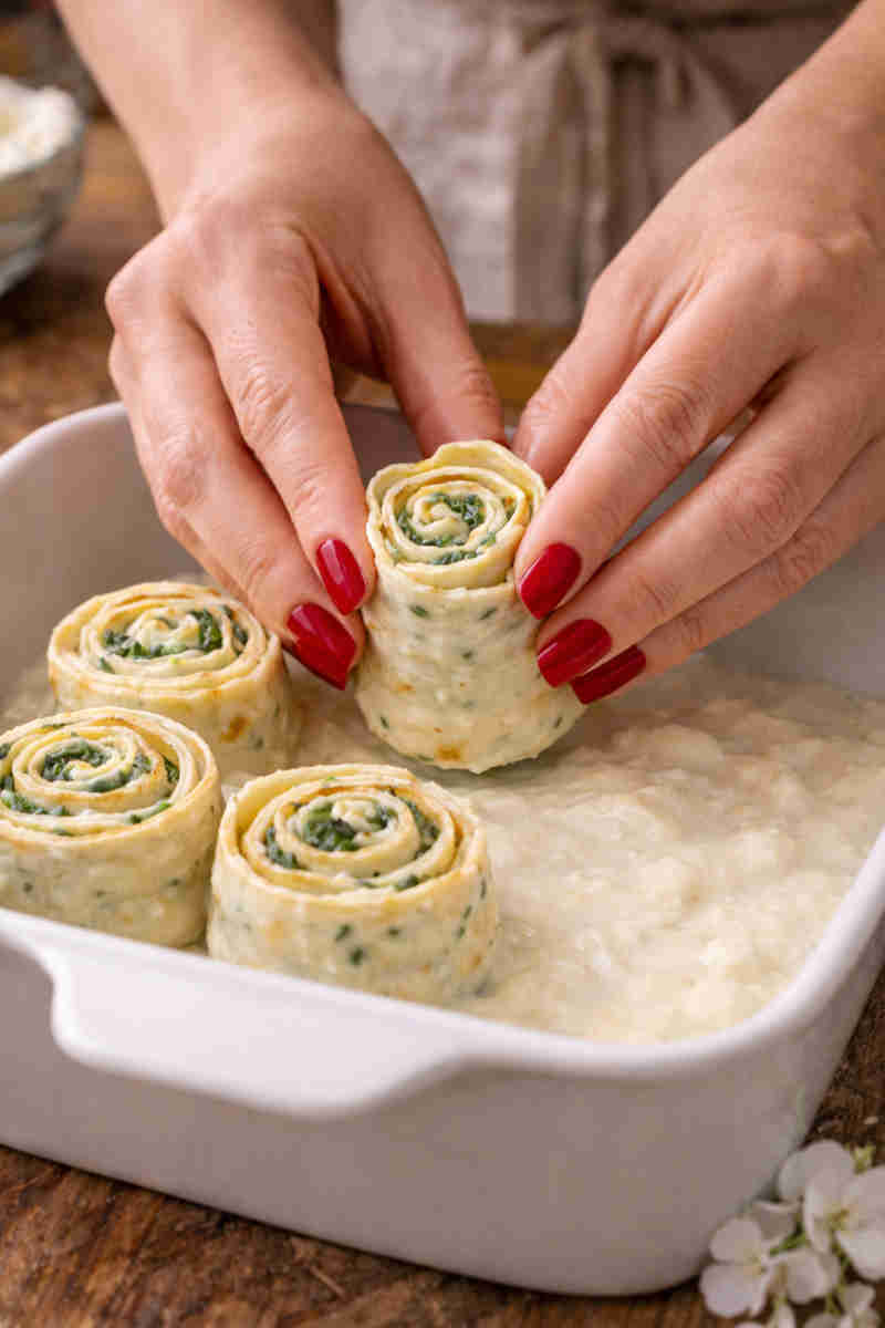 Mani di donna che appoggiano delle crespelle ricotta e spinaci a forma di rosellina in una pirofila da forno con besciamella
