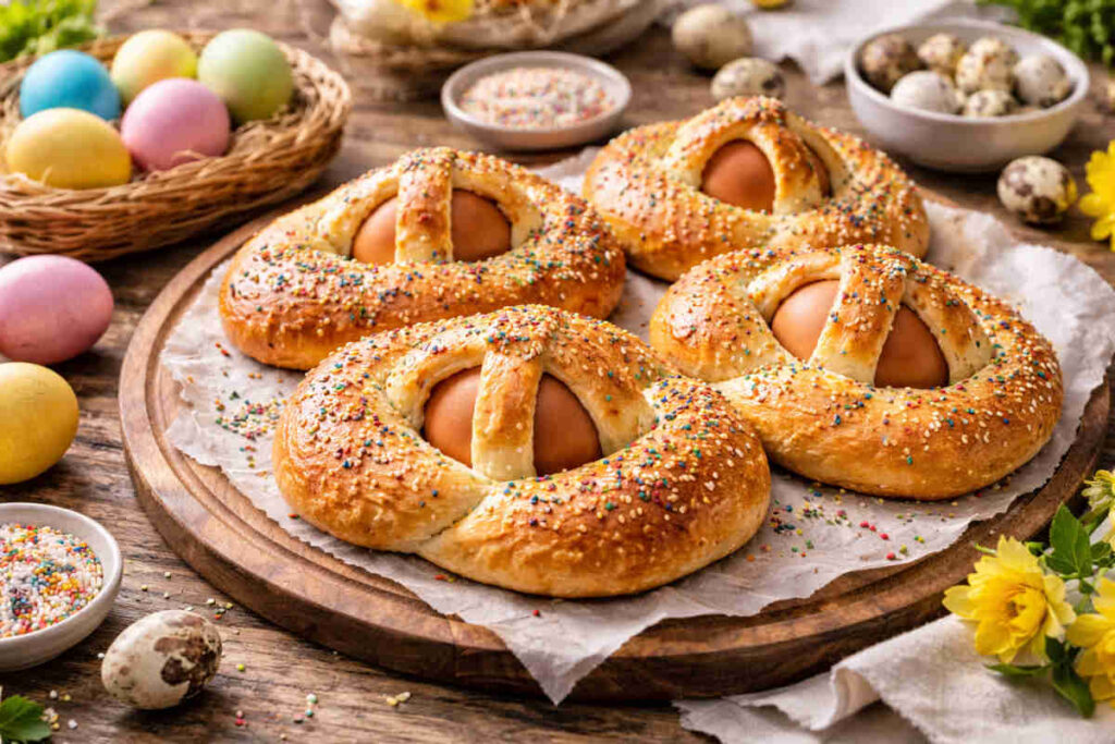 Cuddura con l'ova, dolce tipico siciliano del periodo pasquale su tavola imbandita a festa