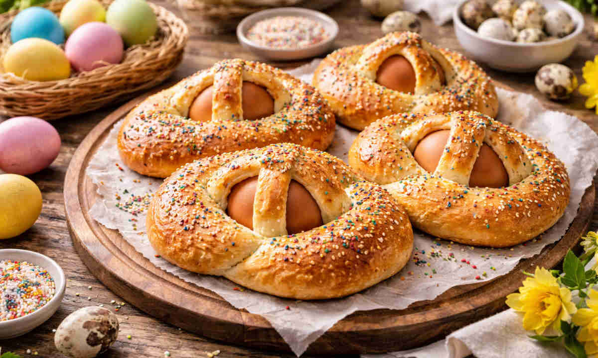 Cuddura con l'ova, dolce tipico siciliano del periodo pasquale su tavola imbandita a festa