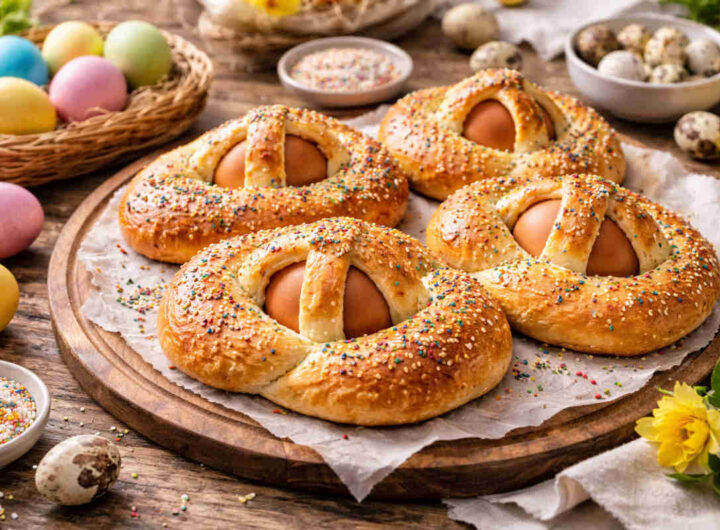 Cuddura con l'ova, dolce tipico siciliano del periodo pasquale su tavola imbandita a festa