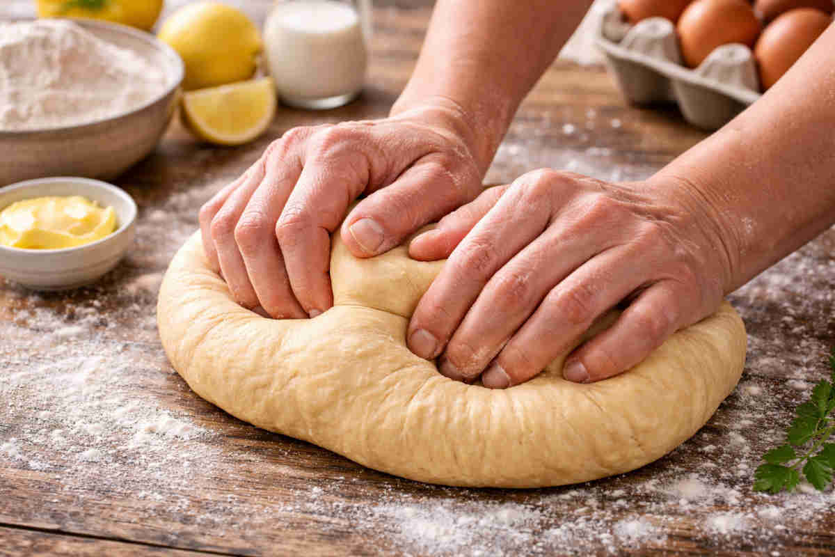 Mani che impastano per preparare le Cuddura con l'ova pasquali