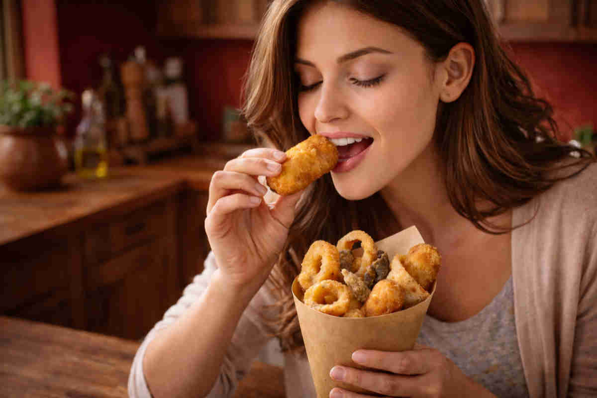 Ragazza in una cucina rustica che mangia un fritto preso da un cuoppo napoletano