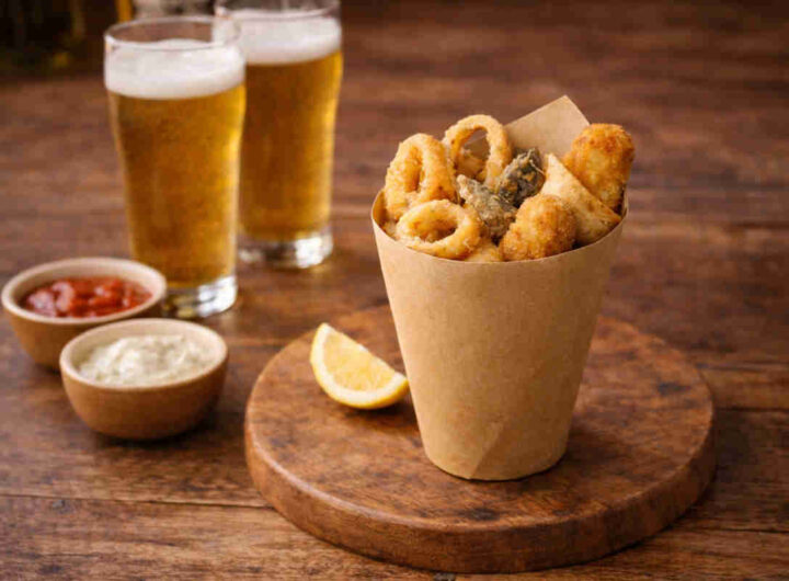 Cuoppo napoletano con fritti croccanti misti su tavolo di legno con accanto due birre chiare e delle salse per fritti