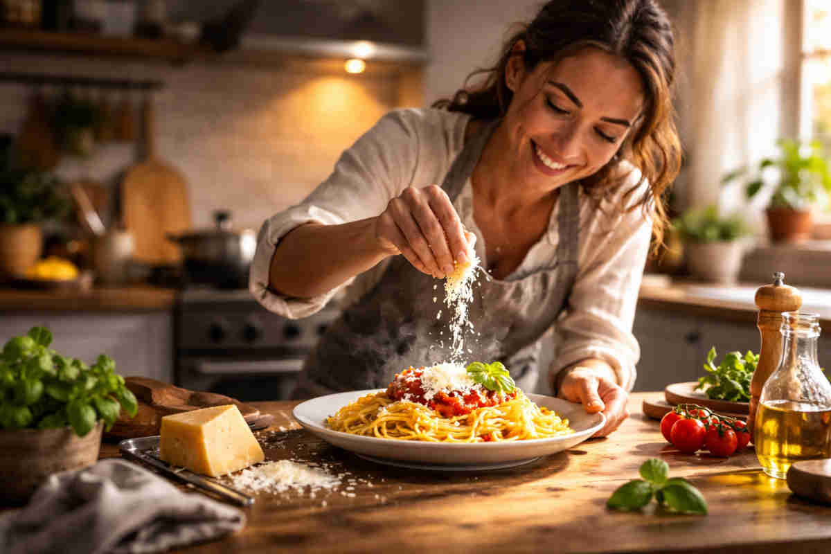 Ragazza in cucina rustica che spolverizza un piatto di spaghetti al pomodoro con del formaggio grattugiato