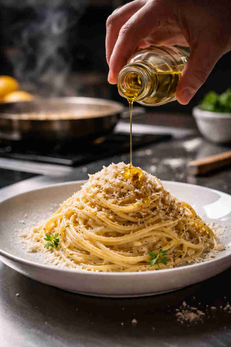 Primo piano su mano femminile che versa un filo di olio su un piatto di spaghetti nel piatto